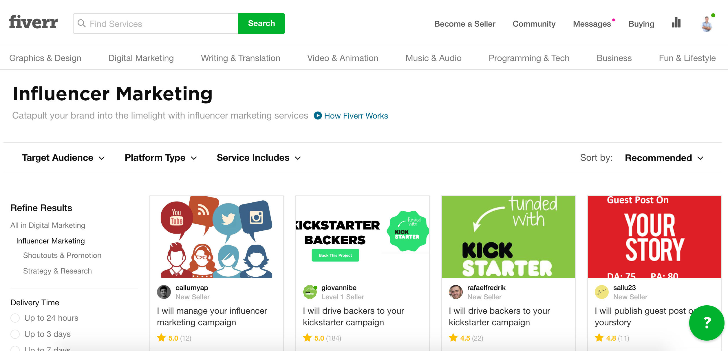 fiverr influencer marketing section